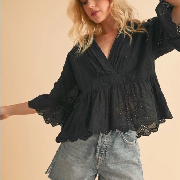 Black Ruffled Wrap Blouse with 3/4 Sleeves - Picture 9 of 9